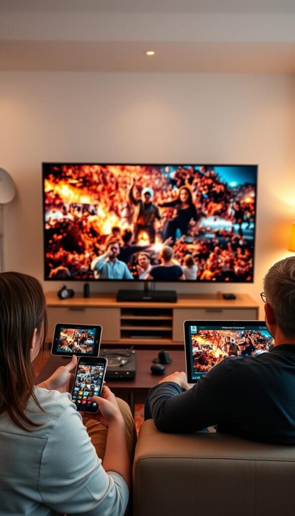 A modern home entertainment setup, showcasing multiple devices simultaneously streaming high-quality IPTV content from the Hoxtoon Provider service. In the foreground, a sleek smart TV displaying vivid, cinematic footage. Surrounding it, a tablet, smartphone, and laptop all connected and playing different live channels and on-demand programs. The middle ground features a cozy living room setting with plush furniture and warm lighting, creating a comfortable, immersive viewing experience. In the background, subtle visual cues suggest the global reach and versatility of the Hoxtoon IPTV platform, with satellite dishes and network cables hinting at the advanced infrastructure powering the multi-device streaming capabilities.
