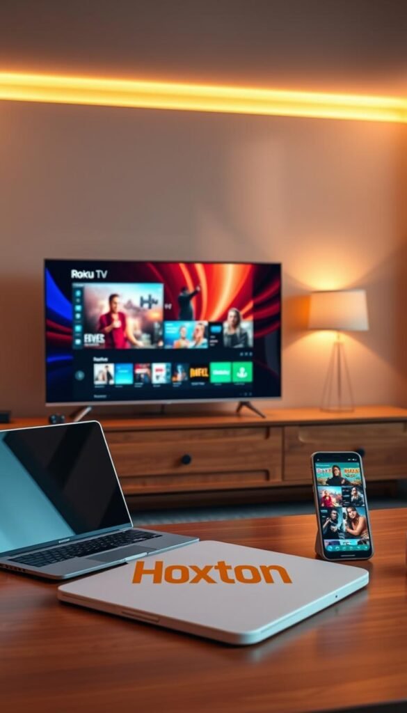 A modern home entertainment setup with a Roku TV, laptop, and smartphone seamlessly connected through the Hoxtoon Provider platform. The living room features warm, indirect lighting, casting a cozy glow on the devices arranged neatly on the sleek, minimalist wooden entertainment unit. The Roku TV dominates the center, its screen displaying vibrant, high-definition content. A laptop and a smartphone are positioned on either side, symbolizing the multi-device streaming capabilities of Hoxtoon. The composition emphasizes the smooth integration and intuitive user experience of the Hoxtoon service, enabling seamless content enjoyment across various devices in a harmonious, technology-infused domestic setting.