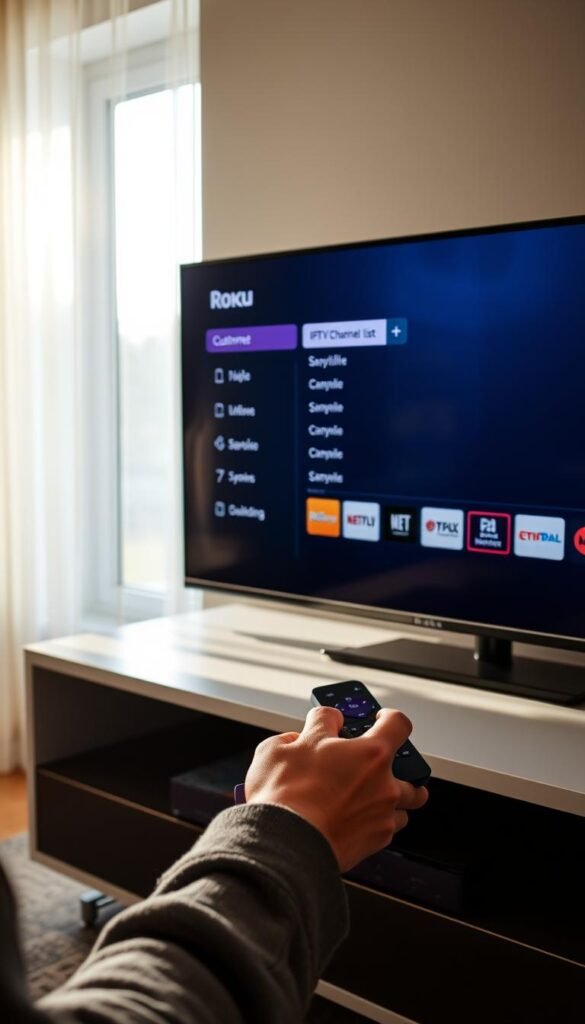 A modern home entertainment setup with a Roku device prominently displayed on a sleek, minimalist TV stand. The user is carefully customizing the IPTV channel list on the Roku's intuitive interface, with the Hoxtoon Provider logo visible in the corner. Soft, diffused lighting from a window bathes the scene in a warm, natural glow, creating a cozy, inviting atmosphere. The user's hands are focused on the Roku remote, conveying a sense of diligent task-completion. The overall composition emphasizes the ease and simplicity of optimizing the IPTV experience on Roku using the Hoxtoon Provider service.