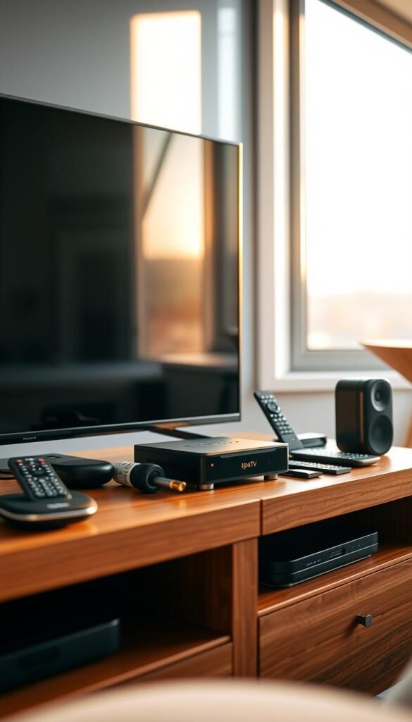 A modern home entertainment setup with a sleek Hoxtoon Provider IPTV streaming device prominently displayed on a minimalist wooden TV stand. The device is surrounded by a few smart home devices and various remote controls, creating a cohesive and tech-savvy atmosphere. Warm, natural lighting from a large window illuminates the scene, casting a cozy glow. The overall composition highlights the ease and convenience of using Hoxtoon Provider's premium IPTV service to unlock endless entertainment options.