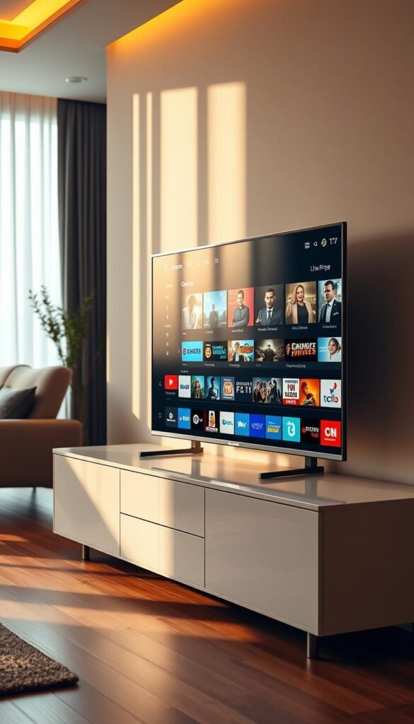 A modern home entertainment setup with a sleek and minimalist TV display showcasing the Hoxtoon Provider IPTV service. The TV screen depicts various streaming content options, from live TV channels to on-demand movies and shows. The setup is complemented by a modern, high-end media console with clean lines and a subtle ambient lighting scheme, creating a sophisticated and immersive viewing experience. The room is bathed in warm, natural light, reflecting the premium and cutting-edge nature of the IPTV technology. The overall composition conveys the convenience, flexibility, and endless entertainment possibilities of the Hoxtoon Provider IPTV streaming service.