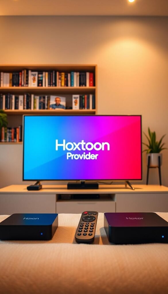 A modern home entertainment setup with a sleek and minimalist TV screen displaying the Hoxtoon Provider logo, surrounded by streaming devices and a wireless remote control. The scene is bathed in warm, soft lighting, creating a cozy and inviting atmosphere. In the background, a bookshelf filled with media content and a stylish side table with potted plants, evoking a sense of comfort and relaxation. The overall composition emphasizes the convenience and user-friendly nature of the Hoxtoon Provider 7 day catch-up IPTV service for Indian channels.