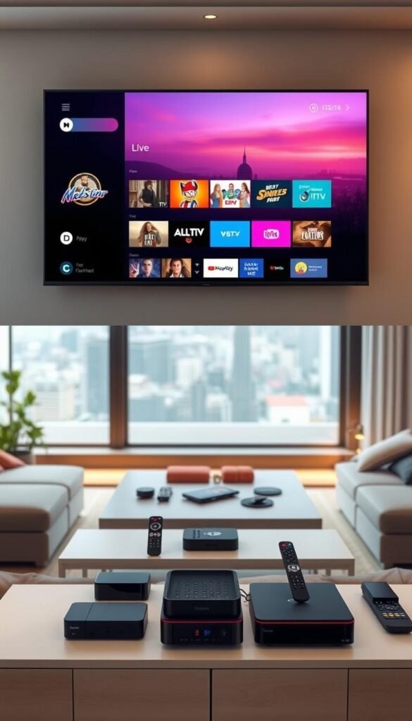 A modern home entertainment system showcasing the Hoxtoon Provider IPTV service. In the foreground, a sleek smart TV displays a vibrant interface with a diverse selection of live channels and on-demand content. Surrounding the TV, various streaming devices and remotes sit atop a minimalist entertainment unit, hinting at the seamless integration of the Hoxtoon IPTV solution. The middle ground features a cozy living room setting, with plush furniture and warm lighting creating a comfortable, immersive viewing experience. In the background, a large window overlooks a cityscape, suggesting the global reach and accessibility of the Hoxtoon IPTV platform. The overall scene conveys the ease, affordability, and versatility of the Hoxtoon Provider IPTV streaming solution.