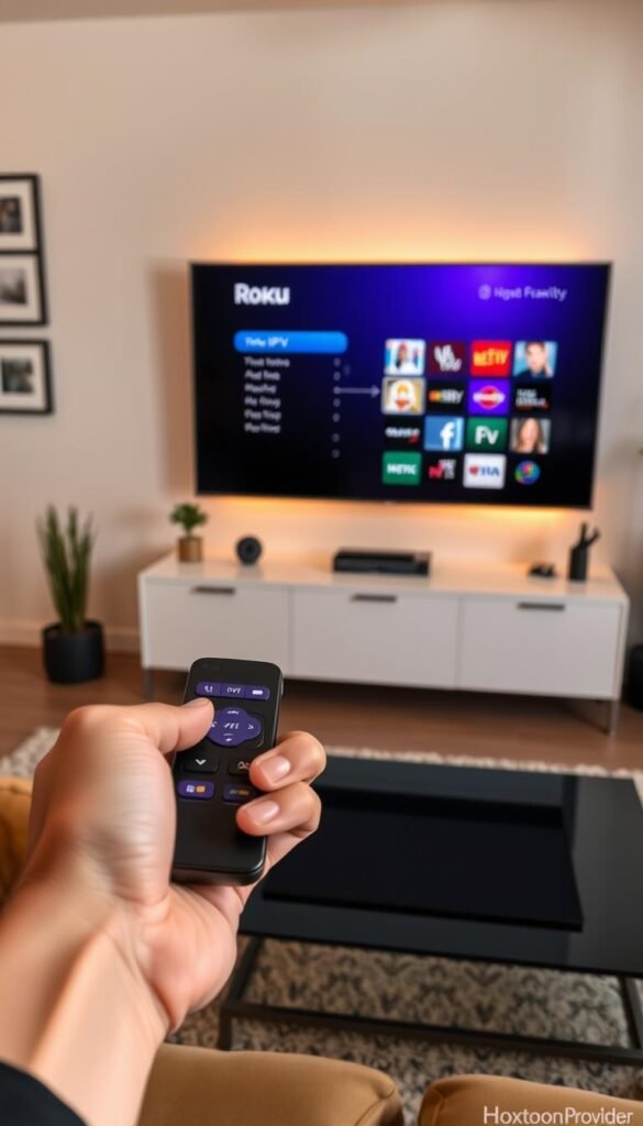 A modern home living room with a Roku TV on a sleek entertainment center. The TV screen displays the Roku interface, highlighting the "IPTV" menu option. In the foreground, a person's hands hold a Roku remote, gesturing towards the TV. Soft, warm lighting illuminates the scene, creating a cozy atmosphere. In the background, the walls are adorned with minimalist decor, subtly hinting at the "Hoxtoon Provider" brand. The overall composition conveys the idea of troubleshooting IPTV issues on a Roku TV.