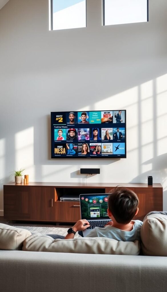 A modern home living room with a large flat-screen TV mounted on the wall. The room is well-lit, with natural sunlight streaming in through large windows. In the foreground, a person is seated on a comfortable couch, laptop open, intently engaged in online streaming on the Hoxtoon Provider platform. The TV screen displays a diverse range of content, including movies, TV shows, and live channels. The atmosphere is relaxed and inviting, conveying the convenience and enjoyment of HOXTOON's vast content library.