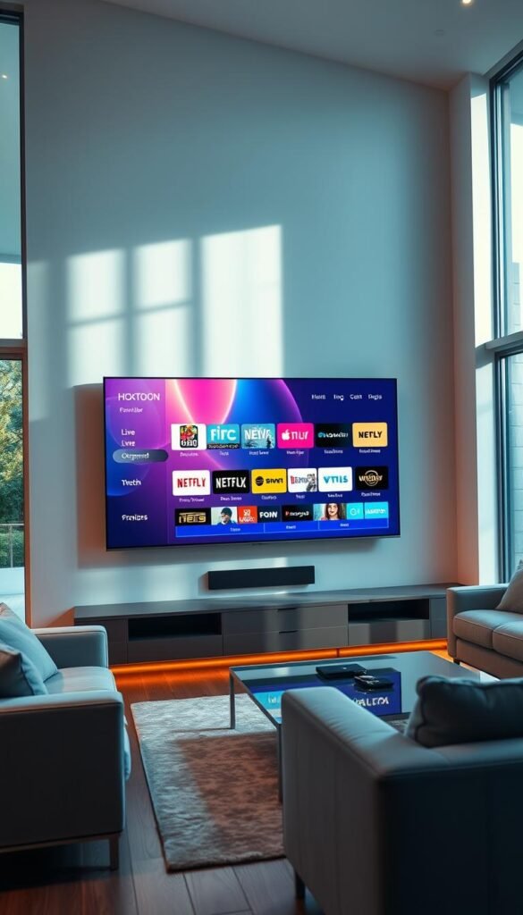 A modern home living room with a large flatscreen TV mounted on the wall. The room is well-lit with natural light streaming in through large windows, creating a bright and airy atmosphere. On the TV screen, a vivid display showcases the Hoxtoon Provider interface, featuring a diverse selection of live channels and on-demand content. The room is furnished with comfortable couches and a sleek coffee table, creating an inviting space for relaxed viewing. The lighting is warm and cinematic, enhancing the immersive experience. The overall scene conveys a sense of high-tech, contemporary home entertainment.