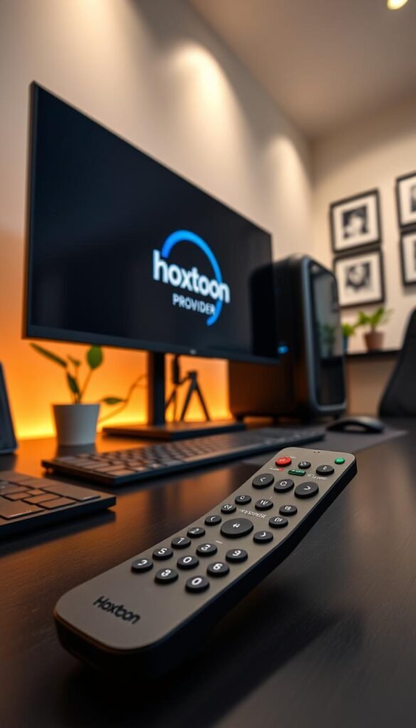 A modern home office setup with a sleek black desk, a high-resolution monitor displaying the Hoxtoon Provider logo, and a state-of-the-art PC tower. The scene is well-lit with warm, indirect lighting that creates a professional and productive atmosphere. In the foreground, an advanced remote control with intuitive controls for the Hoxtoon streaming device sits prominently on the desk. The background features a minimalist, yet sophisticated decor, with a potted plant and a few framed artworks on the walls, conveying a sense of sophistication and attention to detail.