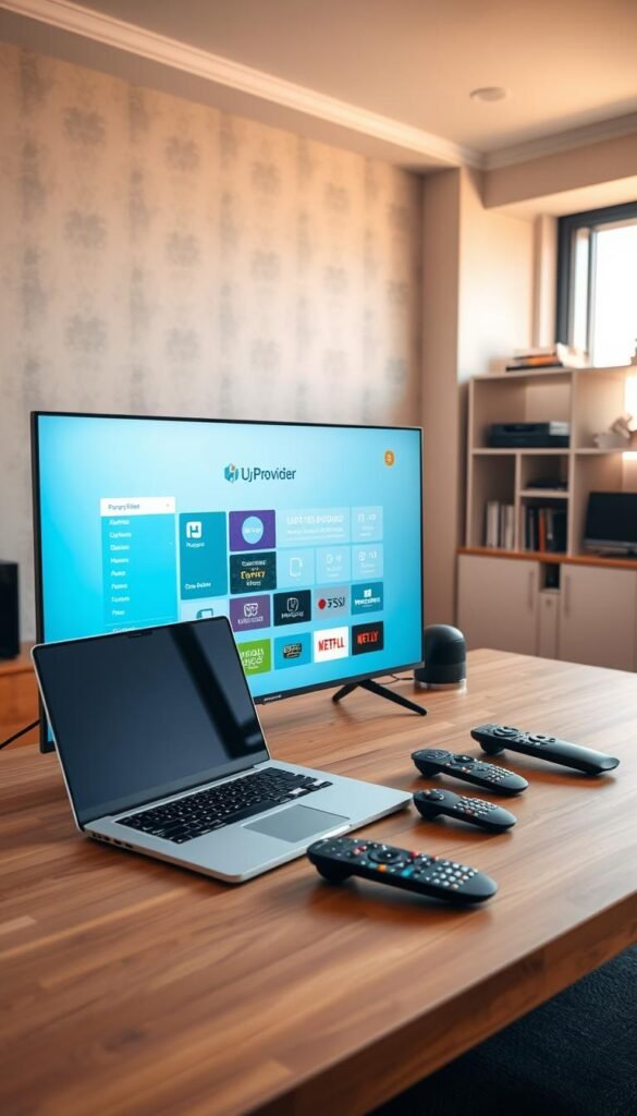 A modern home office setup with a sleek laptop, a smart TV displaying the Hoxtoon Provider interface, and various remote controls arranged neatly on a minimalist wooden desk. The room is bathed in warm, natural lighting from a large window, creating a cozy and inviting atmosphere. In the background, subtle wallpaper patterns or shelves filled with books and devices suggest a well-organized and tech-savvy environment. The overall scene conveys the ease and simplicity of setting up an IPTV subscription with Hoxtoon Provider.
