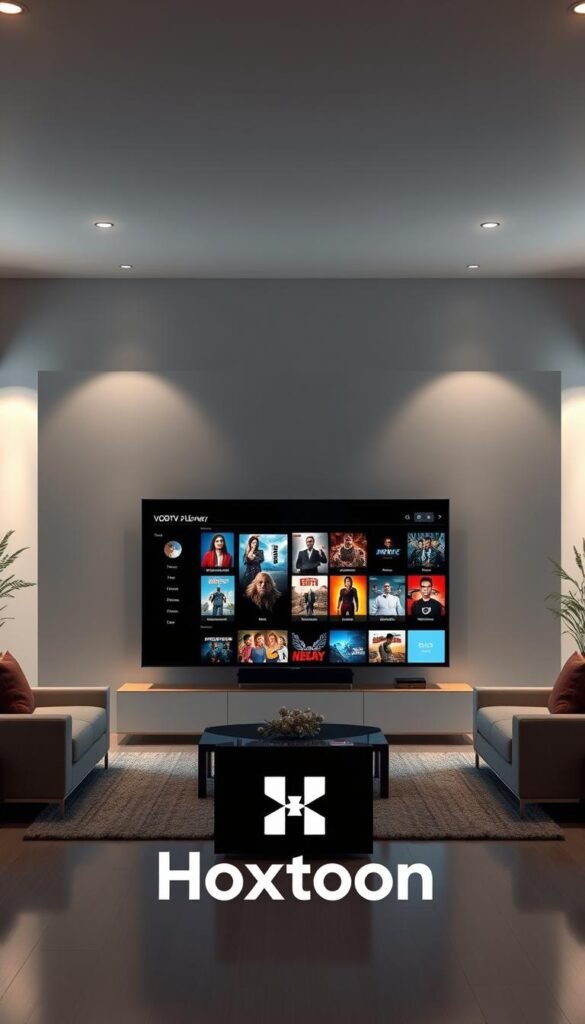 A modern, immersive home entertainment system featuring the Hoxtoon Provider VOD library. In a spacious, minimalist living room, a large, high-definition TV screen displays a captivating selection of movies and shows, all seamlessly accessible through a sleek, intuitive interface. Soft, indirect lighting casts a warm, inviting glow, creating a cozy atmosphere perfect for relaxing and enjoying the ultimate on-demand viewing experience. The room is tastefully decorated with contemporary furnishings, drawing the eye toward the impressive media display. The Hoxtoon Provider logo stands prominently, signifying the premium quality and extensive content of this top IPTV service.