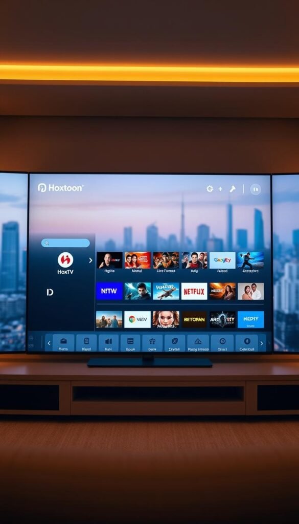 A modern, intuitive IPTV user interface, showcasing the Hoxtoon Provider brand. A clean, minimalist design with sleek icons and a responsive layout. In the foreground, a large, high-definition video player with sharp, vibrant colors. The middle ground features a neatly organized menu system, allowing easy navigation through Hoxtoon's extensive library of 21,000+ live channels and 150,000+ video-on-demand titles. The background depicts a subtle, blurred cityscape, evoking a sense of connectivity and technology. Warm, balanced lighting creates a pleasant, inviting atmosphere. Captured with a wide-angle lens to convey the comprehensive nature of the Hoxtoon IPTV solution.