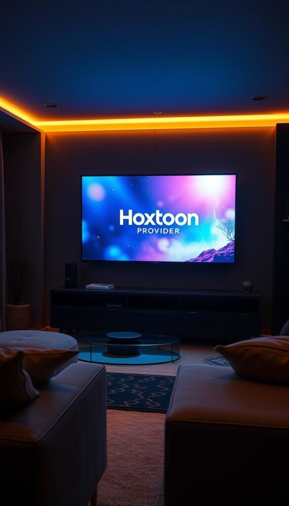 A modern living room, dimly lit by the glow of a sleek, high-definition IPTV screen. On the screen, a Hoxtoon Provider logo shines, showcasing the revolution in television viewing. The room is adorned with minimalist furniture, creating a cozy atmosphere. Soft, warm lighting emanates from hidden sources, casting a inviting ambiance. The viewer's eyes are drawn to the screen, which displays a vibrant, cinematic image, highlighting the superior picture quality of the IPTV service. The scene conveys a sense of technological sophistication and the seamless integration of entertainment into the home environment.