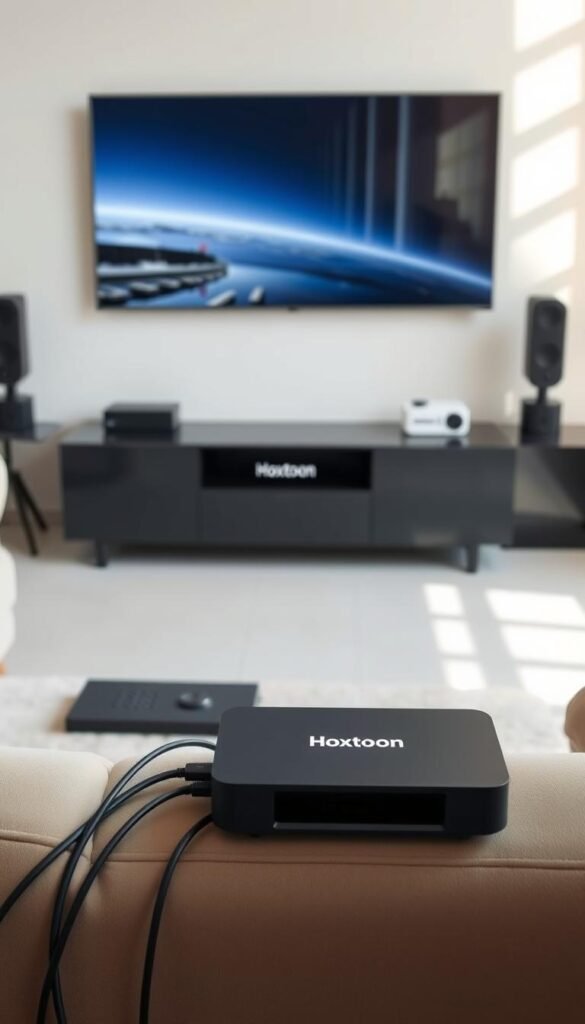 A modern living room interior with a large flatscreen TV mounted on the wall. In the foreground, a sleek Hoxtoon Provider streaming box is connected to the TV, with various cables and remote control visible. The middle ground features comfortable seating, such as a plush couch and armchair, creating a cozy viewing environment. The background showcases a minimalist, well-lit setting with large windows allowing natural light to flow in, casting a warm, inviting glow. The overall atmosphere is one of high-quality, seamless streaming experience, highlighting the technical capabilities and user-friendly design of the Hoxtoon Provider system.