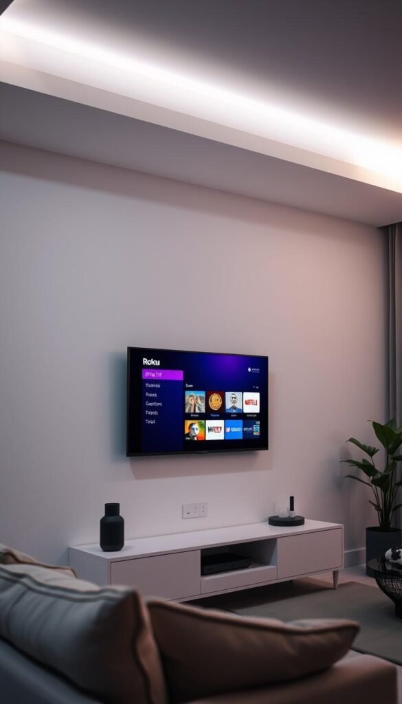 A modern living room interior with a sleek Roku TV mounted on the wall. The TV screen displays the Hoxtoon Provider IPTV interface, showcasing its intuitive menu and a wide selection of live TV channels. Soft ambient lighting illuminates the scene, creating a cozy and immersive atmosphere. The room is furnished with minimalist, contemporary decor, complementing the technology on display. The overall composition emphasizes the seamless integration of IPTV technology into the home entertainment setup, highlighting the convenience and accessibility of Hoxtoon Provider's IPTV service on the Roku platform.