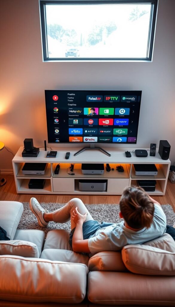 A modern living room scene with a large TV screen prominently displaying Hoxtoon Provider's IPTV service interface. The room is well-lit with a combination of natural daylight and warm, ambient lighting. The TV is surrounded by various streaming devices, remotes, and other home entertainment accessories, all neatly arranged. In the foreground, a person is casually lounging on a comfortable couch, engaged with the IPTV interface on the screen. The overall atmosphere conveys a sense of convenience, technology, and the growing popularity of IPTV services in the USA.