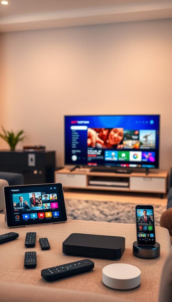 A modern living room setting, showcasing multiple devices seamlessly accessing the Hoxtoon Provider IPTV service. In the foreground, a sleek smart TV displays a vibrant, high-definition catch-up content interface. Nearby, a tablet and smartphone are also visible, each connected to the Hoxtoon Provider service, allowing for a consistent, cross-device viewing experience. The middle ground features various remote controls and smart home devices, emphasizing the integrated, multi-device compatibility of the Hoxtoon Provider IPTV solution. The background is softly lit, creating a warm, inviting atmosphere that complements the contemporary, technology-forward setting. The overall scene conveys the ease and convenience of accessing a wide range of live and on-demand content across multiple devices with the Hoxtoon Provider IPTV service.
