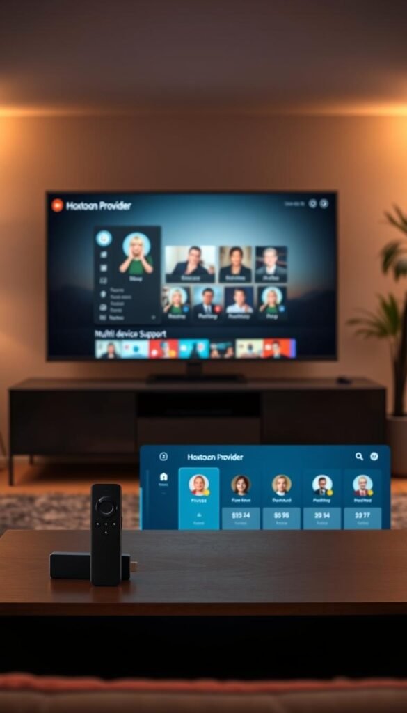 A modern living room setting with a Firestick 4K device prominently displayed on a sleek media console. The room is bathed in warm, ambient lighting, creating a cozy and inviting atmosphere. In the foreground, a Hoxtoon Provider interface is shown on a large, high-definition television screen, showcasing its multi-device support capabilities with several concurrent user profiles. The background features subtle, stylized wallpaper or artwork that complements the room's design. The overall composition conveys a sense of seamless integration between the Firestick 4K, the Hoxtoon Provider service, and the user's home entertainment setup.