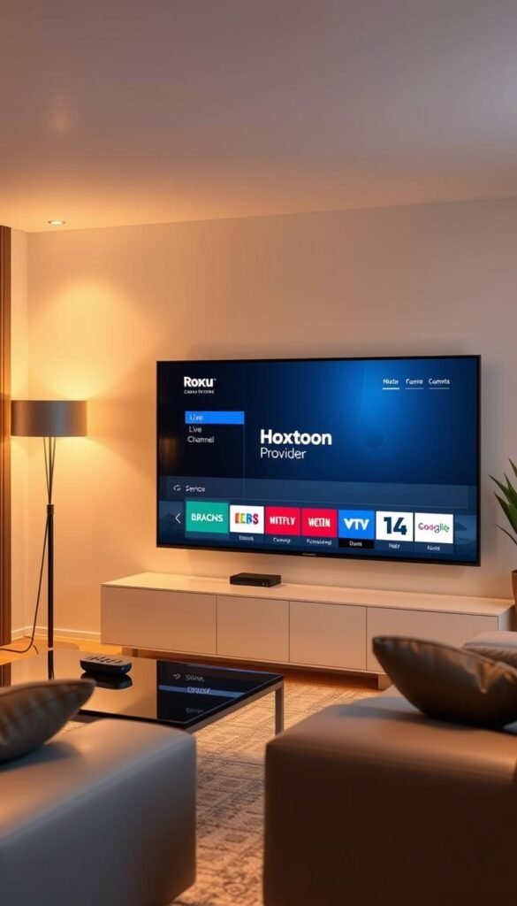 A modern living room setting with a Roku TV prominently displayed. The TV screen shows the "Hoxtoon Provider" IPTV service interface, featuring a clean, intuitive design with a variety of live TV channels and on-demand content. The room is bathed in warm, ambient lighting, creating a cozy and inviting atmosphere. Sleek, minimalist furniture and decor elements complement the high-tech setup, reflecting the integration of IPTV technology into the contemporary home environment. The overall scene conveys the growing popularity and seamless integration of IPTV services with Roku TV platforms.