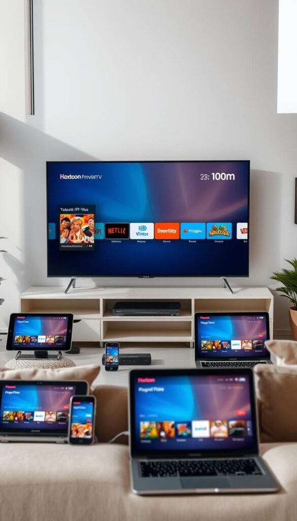 A modern living room setting with a large flatscreen TV prominently displayed, surrounded by various devices like a smart TV, tablet, smartphone, and laptop all showcasing the Hoxtoon Provider IPTV interface. The room is well-lit with natural light from large windows, creating a warm and inviting atmosphere. The devices are arranged neatly, highlighting the seamless integration of the Hoxtoon IPTV service across multiple platforms. The scene conveys the convenience and versatility of the Hoxtoon Provider IPTV setup, catering to different user preferences and device preferences.