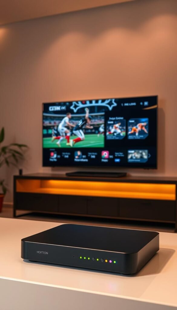 A modern living room setup with a large flat-screen TV displaying a live sports streaming interface. The TV screen shows a dynamic sports event with players in action, accompanied by on-screen graphics and overlays. In the foreground, a sleek, minimalist entertainment center houses the Hoxtoon Provider streaming device, its LED indicators glowing softly. The room is bathed in warm, ambient lighting, creating a cozy and immersive viewing experience. The overall scene conveys a sense of high-quality, user-friendly home entertainment powered by the Hoxtoon Provider platform.
