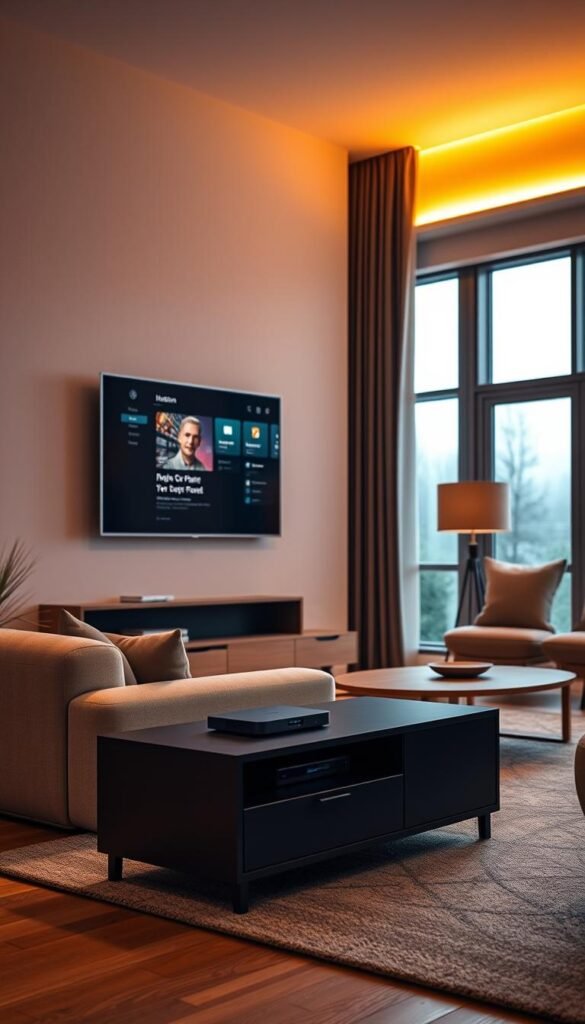 A modern living room setup with a sleek, wall-mounted TV displaying the Hoxtoon Provider interface. The room is bathed in warm, soft lighting, creating a cozy and inviting atmosphere. In the foreground, a compact media center houses the IPTV device, seamlessly integrated into the decor. The middle ground features a comfortable sofa and a minimalist, scandinavian-inspired coffee table, suggesting a premium, yet affordable home entertainment experience. The background showcases large windows, allowing natural light to filter in and complement the overall ambiance. The entire scene conveys a sense of effortless sophistication and accessibility, highlighting the Hoxtoon Provider's premium IPTV installation experience.