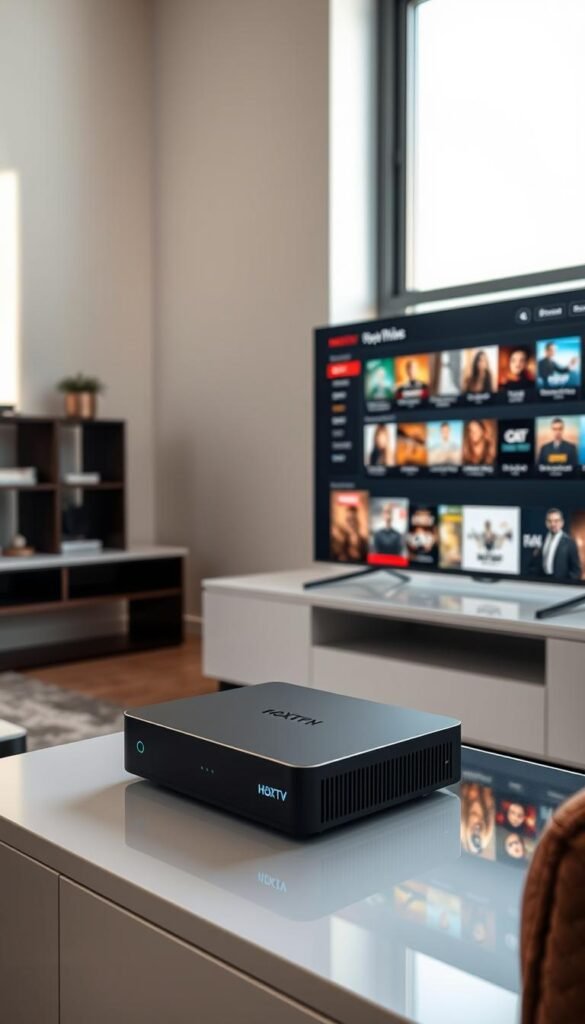 A modern living room, softly lit by a large window, showcases a Hoxtoon Provider IPTV box resting on a sleek media console. The device's clean, minimalist design blends seamlessly with the room's neutral palette. On the TV screen, a diverse array of streaming content is displayed, representing the Hoxtoon Provider's comprehensive IPTV offering. The atmosphere is one of relaxation and entertainment, capturing the versatility of the IPTV system and its ability to deliver a premium streaming experience across multiple devices.