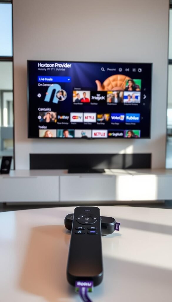 A modern living room with a Roku TV mounted on the wall, displaying the Hoxtoon Provider IPTV interface. The room is well-lit, with soft, warm lighting filtering through large windows. The TV screen shows a variety of live channels and on-demand content, highlighting the breadth of Hoxtoon's IPTV service. In the foreground, a Roku remote control rests on a minimalist coffee table, emphasizing the seamless integration of Hoxtoon IPTV with the Roku platform. The overall scene conveys the convenience and enjoyment of using Hoxtoon IPTV on a Roku TV.