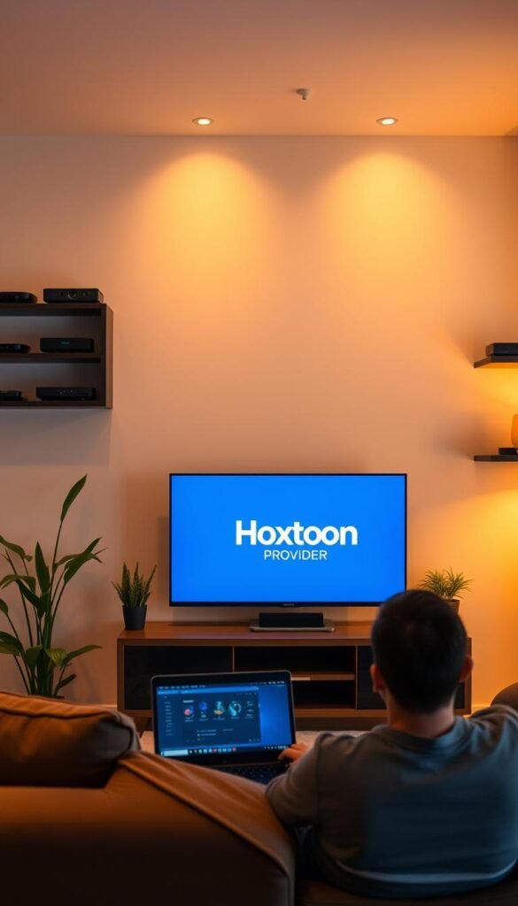 A modern living room with a Roku TV mounted on the wall, displaying troubleshooting tips for an IPTV service. In the foreground, a person sits on a couch, laptop open, troubleshooting the Roku TV connection. Warm lighting illuminates the scene, and the Hoxtoon Provider logo is subtly displayed on the TV screen. The background showcases a minimalist decor, with potted plants and shelves filled with streaming devices, creating a cozy, tech-savvy atmosphere.