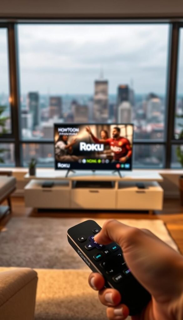 A modern living room with a Roku TV streaming device prominently displayed on a sleek entertainment center. The room is bathed in warm, soft lighting, creating a cozy and inviting atmosphere. In the foreground, a hand is holding a remote control, symbolizing the ease of accessing the Hoxtoon Provider IPTV app. The background features a blurred, out-of-focus cityscape through a large window, suggesting the global reach and connectivity of the IPTV service. The overall scene conveys a sense of seamless integration between technology and home life, highlighting the Hoxtoon Provider's user-friendly IPTV solution for Roku TV.