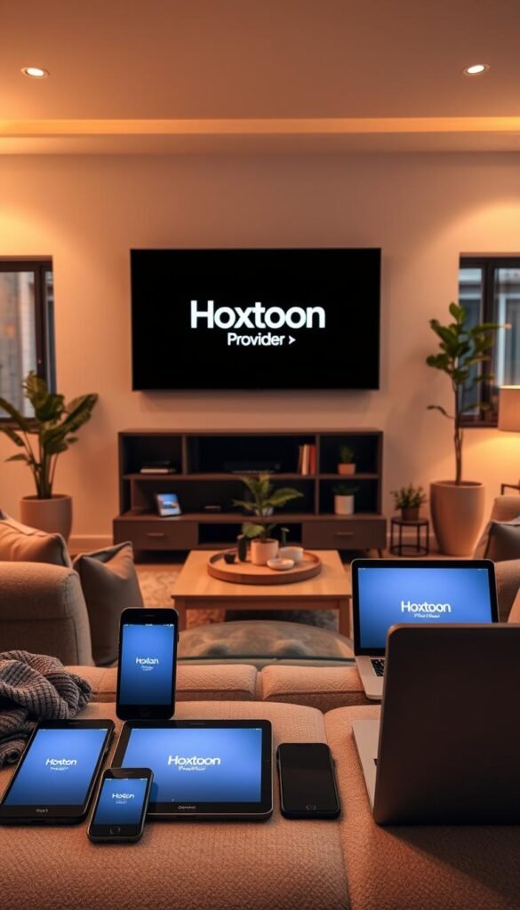 A modern living room with a cozy atmosphere, featuring a large flatscreen TV mounted on the wall. The TV displays the Hoxtoon Provider logo, showcasing its multi-device support capabilities. In the foreground, several different electronic devices such as smartphones, tablets, and a laptop are arranged, all connected to the TV through seamless wireless streaming. Soft lighting illuminates the scene, creating a relaxed and inviting ambiance. The middle ground includes plush furniture, plants, and subtle home decor elements that complement the technological focus. The background depicts a warm, minimalist interior design with large windows allowing natural light to filter in. The overall composition emphasizes the convenience and versatility of Hoxtoon Provider's IPTV service, enabling users to enjoy their favorite content on multiple devices simultaneously.