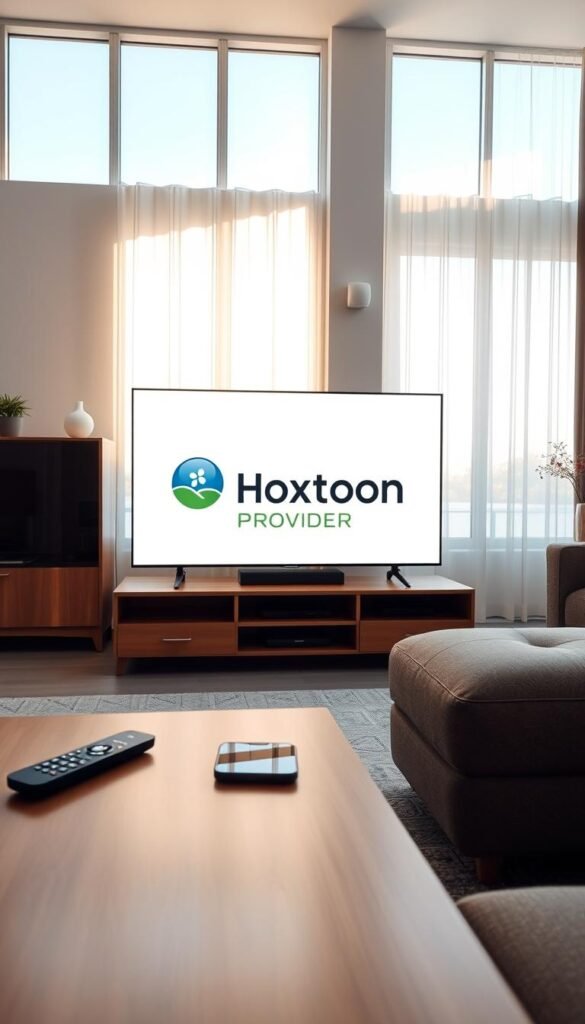A modern living room with a flat-screen TV displaying the Hoxtoon Provider logo, representing a legal IPTV solution for USA residents. Bright, natural lighting filters in through large windows, creating a warm and inviting atmosphere. On the coffee table, a remote control and a smartphone lie, suggesting the ease of accessing the IPTV service. The room is decorated with minimalist, contemporary furniture, conveying a sense of sophistication and practicality. The overall scene portrays a comfortable and tech-savvy home environment, where residents can enjoy a seamless IPTV experience.