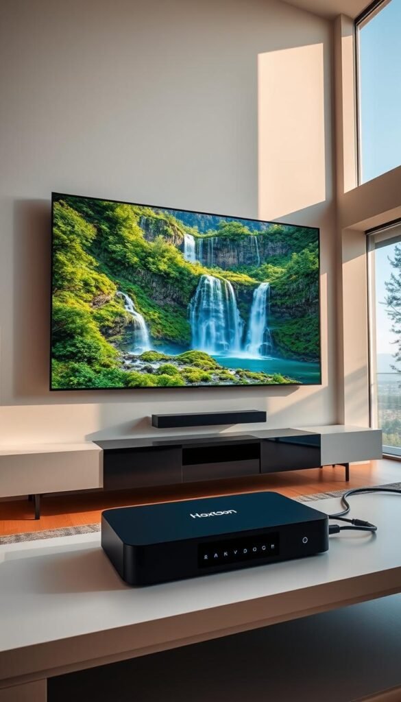 A modern living room with a large 4K OLED TV mounted on the wall, displaying a vibrant, high-definition landscape with lush greenery, cascading waterfalls, and a clear blue sky. The room is bathed in warm, natural lighting, with floor-to-ceiling windows offering a panoramic view. In the foreground, a sleek, black Hoxtoon Provider media box sits on a minimalist entertainment center, connected to the TV via high-speed HDMI cables. The atmosphere exudes a sense of immersion, showcasing the exceptional streaming quality and technical performance of the Hoxtoon IPTV service.