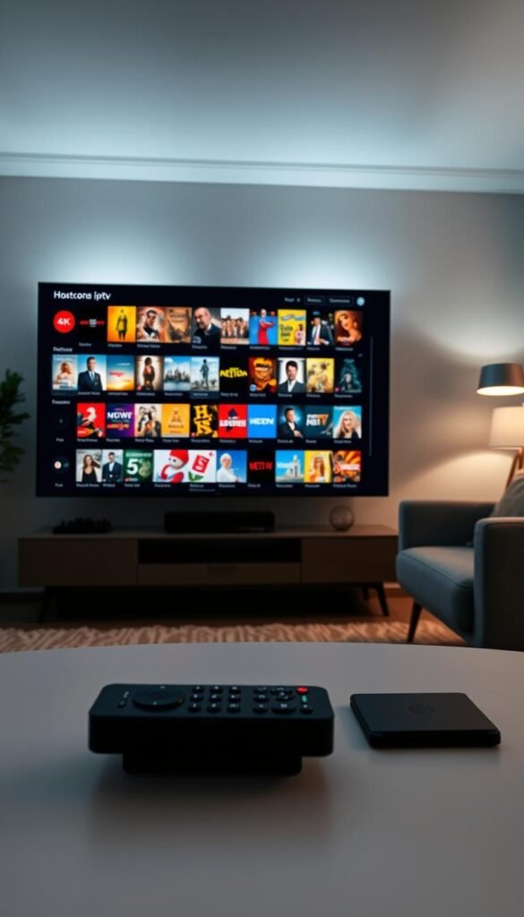 A modern living room with a large 4K television displaying a Hoxtoon Provider IPTV service. The user interface showcases a vast library of on-demand movies, TV shows, and documentaries, with sleek icons and a clean, intuitive layout. Soft lighting illuminates the room, creating a cozy and inviting atmosphere. In the foreground, a high-end remote control rests on a minimalist coffee table, hinting at the seamless user experience. The middle ground features a comfortable sofa and armchair, suggesting a relaxed setting for enjoying the extensive on-demand content. The background subtly depicts a modern, tech-savvy living space, with hints of smart home integration to enhance the overall immersive entertainment experience.