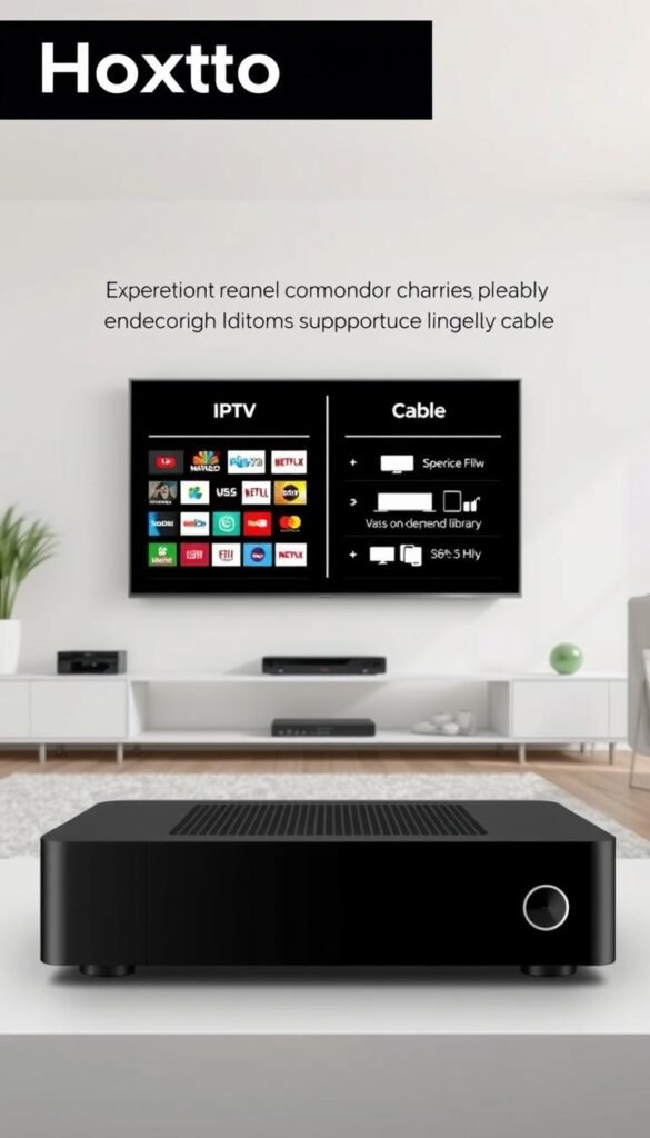 A modern living room with a large HDTV displaying a comparison of IPTV and cable TV services. In the foreground, a sleek, black Hoxtoon Provider set-top box stands prominently, contrasting with the traditional cable box. The middle ground features a stylized graphic overlay highlighting the key differences - IPTV's expansive channel selection, vast on-demand library, and multi-device support versus the limitations of traditional cable. The background showcases a minimalist, well-lit interior with clean lines and neutral tones, creating a sense of clarity and modernity. The overall composition conveys the superior value proposition of the Hoxtoon IPTV solution for the modern, cord-cutting household.