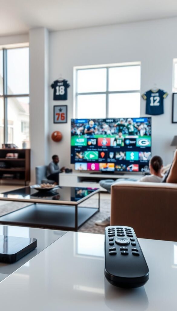 A modern living room with a large HDTV displaying a variety of live sports channels on the Hoxtoon Provider IPTV service. The room is well-lit with natural light filtering through large windows, creating a bright and airy atmosphere. In the foreground, a sleek coffee table holds a remote control, showcasing the multi-device compatibility of the Hoxtoon IPTV system. The middle ground features a comfortable couch where a person is relaxed, enjoying the game coverage on the screen. The background depicts various sports memorabilia and framed jerseys, emphasizing the sports-focused nature of the Hoxtoon IPTV experience.