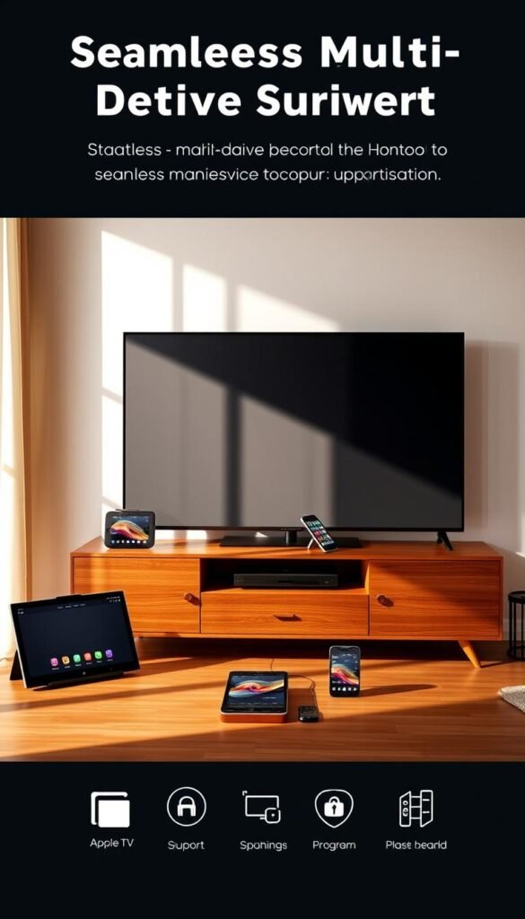A modern living room with a large TV and various smart devices showcasing seamless multi-device support with the Hoxtoon IPTV Provider. The room has warm, natural lighting, and the devices are displayed elegantly on a minimalist wooden TV stand. The TV shows a clear, high-definition image, and the other devices, such as a tablet and a smartphone, are neatly arranged around it, all connected and in use. The overall scene conveys a sense of integrated technology and a premium home entertainment experience.