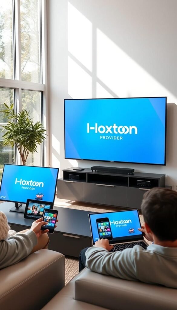 A modern living room with a large flat-screen TV displaying IPTV streaming on multiple devices, including tablets, smartphones, and laptops. The room is brightly lit, with natural sunlight filtering through large windows. The Hoxtoon Provider logo is prominently featured on the TV screen, showcasing its IPTV service. The devices are arranged in a seamless, integrated manner, highlighting the convenience and versatility of IPTV technology. The atmosphere is one of relaxation and entertainment, conveying the revolutionary impact of IPTV on how Americans consume television content.