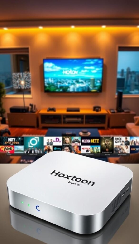 A modern living room with a large flat-screen TV dominating the center, surrounded by various streaming devices, gaming consoles, and remote controls. The room is bathed in a warm, ambient light, creating a cozy and inviting atmosphere. In the foreground, a sleek, silver-colored device with the "Hoxtoon Provider" logo prominently displayed, symbolizing the integration of advanced IPTV technology into the home entertainment setup. The middle ground showcases various media content icons, hinting at the diverse range of programming available through the Hoxtoon service. The background features a blurred cityscape, suggesting the interconnected, global nature of modern television entertainment. A modern living room with a large flat-screen TV dominating the center, surrounded by various streaming devices, gaming consoles, and remote controls. The room is bathed in a warm, ambient light, creating a cozy and inviting atmosphere. In the foreground, a sleek, silver-colored device with the "Hoxtoon Provider" logo prominently displayed, symbolizing the integration of advanced IPTV technology into the home entertainment setup. The middle ground showcases various media content icons, hinting at the diverse range of programming available through the Hoxtoon service. The background features a blurred cityscape, suggesting the interconnected, global nature of modern television entertainment.
