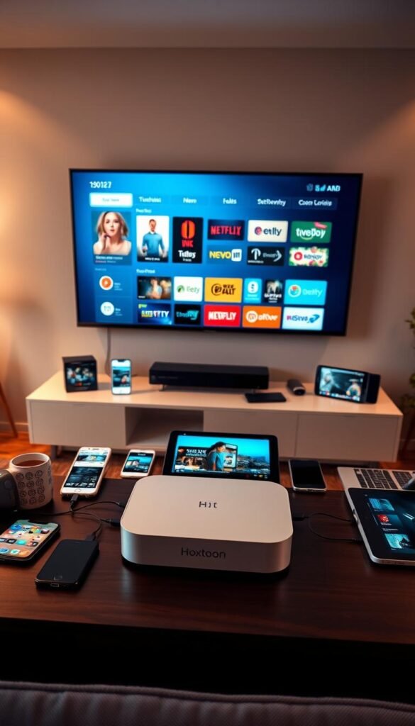 A modern living room with a large flat-screen TV mounted on the wall. In the foreground, a sleek and minimalist Hoxtoon Provider device sits atop a media console, its clean lines and muted colors complementing the room's decor. On the TV screen, various streaming apps and services are displayed, showcasing the device's multi-platform compatibility. Surrounding the TV, a collection of smartphones, tablets, and laptops are arranged, each connected to the Hoxtoon Provider and displaying different content, illustrating the system's seamless cross-device functionality. The scene is bathed in warm, ambient lighting, creating a cozy and inviting atmosphere for a modern, technology-driven home entertainment setup. A modern living room with a large flat-screen TV mounted on the wall. In the foreground, a sleek and minimalist Hoxtoon Provider device sits atop a media console, its clean lines and muted colors complementing the room's decor. On the TV screen, various streaming apps and services are displayed, showcasing the device's multi-platform compatibility. Surrounding the TV, a collection of smartphones, tablets, and laptops are arranged, each connected to the Hoxtoon Provider and displaying different content, illustrating the system's seamless cross-device functionality. The scene is bathed in warm, ambient lighting, creating a cozy and inviting atmosphere for a modern, technology-driven home entertainment setup.