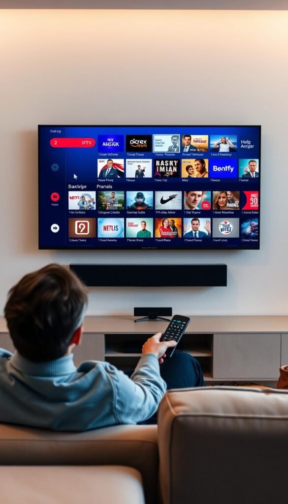 A modern living room with a large flat-screen TV mounted on the wall. On the TV screen, a user interface displays a diverse selection of live TV channels and on-demand content, representing the "Catch Up IPTV" concept. In the foreground, a person relaxes on a comfortable sofa, using a remote control to browse the Hoxtoon Provider IPTV service. The room is well-lit, with soft, warm lighting creating a cozy atmosphere. The overall scene conveys the convenience and entertainment value of Catch Up IPTV, as well as the Hoxtoon Provider brand.