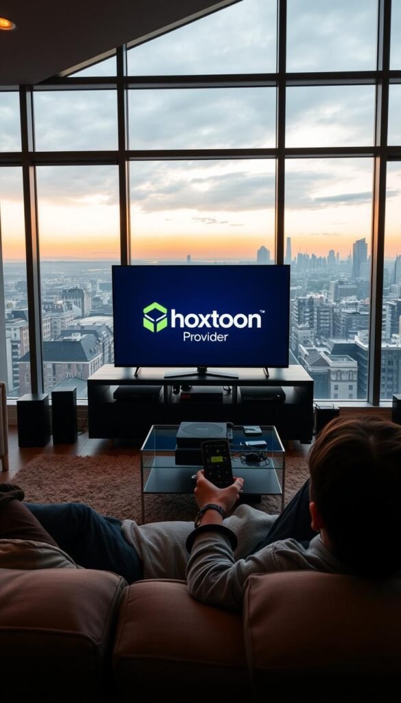 A modern living room with a large flat-screen TV prominently displaying the Hoxtoon Provider logo. The room is bathed in warm, soft lighting, creating a cozy, inviting atmosphere. In the foreground, a person is relaxed on a comfortable couch, holding a sleek remote control, immersed in the IPTV experience. The middle ground features a stylish media console with various streaming devices and cables neatly organized. The background showcases large windows overlooking a scenic cityscape, suggesting a high-end urban setting. The overall scene conveys a sense of sophisticated, seamless entertainment and content enjoyment.