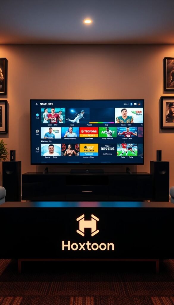 A modern living room with a large flat-screen TV prominently displaying various sports channels and streaming services. In the foreground, a sleek, minimalist media console with the Hoxtoon Provider logo prominently displayed. The room is bathed in warm, ambient lighting, creating a cozy and immersive atmosphere for sports enthusiasts. The walls are adorned with sports memorabilia and framed posters, complementing the high-tech setup. The overall scene conveys a sense of comfort, entertainment, and the ability to access a wide range of live sports content through the Hoxtoon Provider platform.