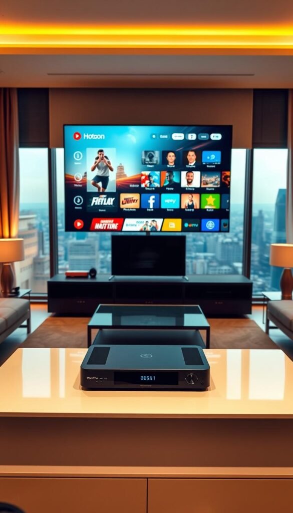 A modern living room with a large flatscreen TV displaying the Hoxtoon IPTV service's sleek user interface. The room is bathed in warm, soft lighting, creating a cozy and inviting atmosphere. In the foreground, a high-end streaming device sits prominently on a minimalist entertainment center, reflecting the advanced technology powering the Hoxtoon Provider service. The middle ground features a comfortable couch and side tables, suggesting a relaxed, at-home viewing experience. The background showcases large windows overlooking a vibrant cityscape, hinting at the boundless entertainment options available through the Hoxtoon IPTV platform.