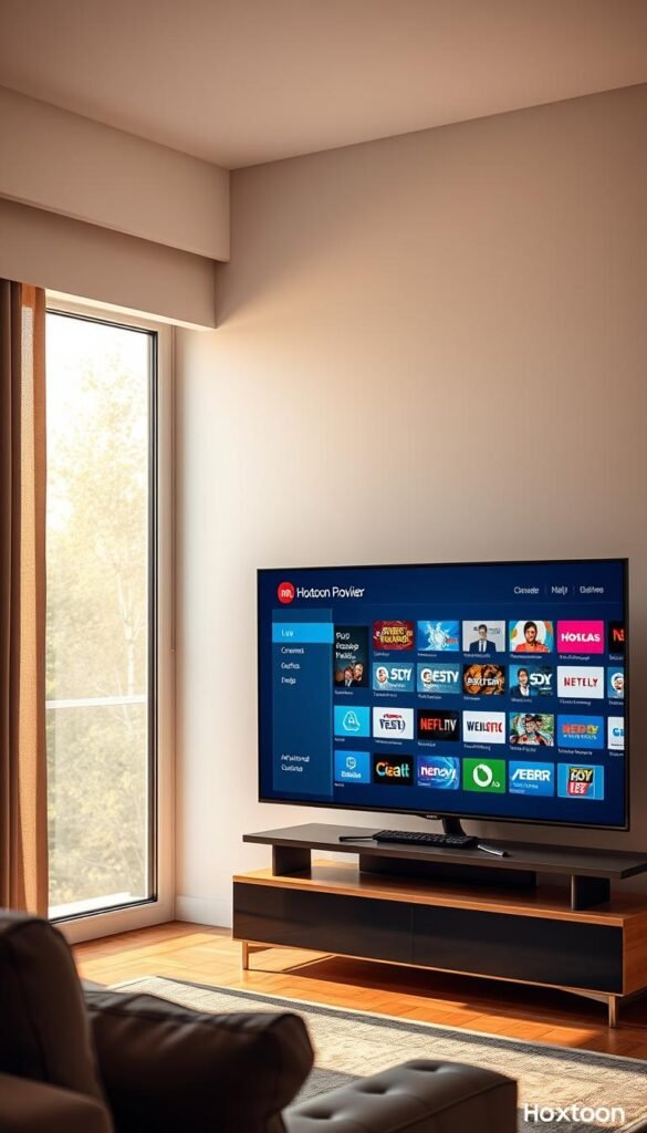 A modern living room with a large flatscreen TV displaying the Hoxtoon Provider IPTV service interface. The room is brightly lit by natural light from a window, casting a warm glow. The TV screen shows a diverse selection of live TV channels, on-demand content, and a user-friendly menu. The overall atmosphere conveys the convenience and entertainment provided by the IPTV streaming service. The Hoxtoon Provider logo is prominently displayed on the TV screen.