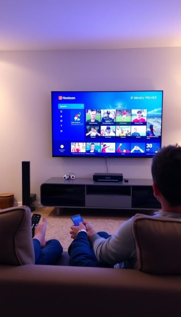 A modern living room with a large flatscreen TV mounted on the wall, displaying the Hoxtoon Provider IPTV streaming interface. The room is well-lit, with a mix of natural and soft artificial lighting creating a cozy atmosphere. In the foreground, a person is comfortably seated on a plush couch, holding a remote control and intently watching the TV screen, which showcases various sports channels and live events. The middle ground features a sleek, minimalist entertainment unit housing the Hoxtoon IPTV streaming device. The background depicts a panoramic view of a cityscape, suggesting the global reach and accessibility of the IPTV service.