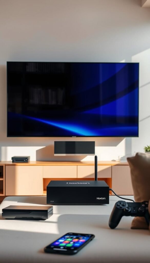 A modern living room with a large flatscreen TV mounted on the wall, surrounded by various streaming devices including a Hoxtoon Provider set-top box, a gaming console, and a smartphone. The room is well-lit with natural sunlight from a nearby window, creating a bright and inviting atmosphere. The Hoxtoon Provider device is prominently displayed, showcasing its sleek and minimalist design. The TV screen displays a vibrant, high-quality image, indicating the seamless IPTV streaming experience. The overall scene conveys the convenience and versatility of IPTV for the modern, multi-device household.