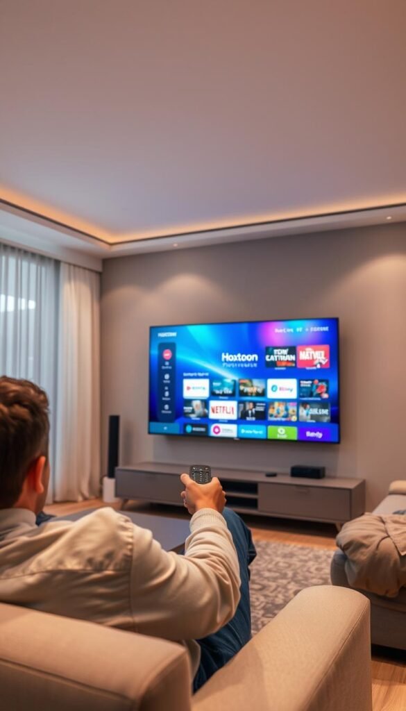 A modern living room with a large flatscreen TV on the wall, displaying a vibrant and interactive IPTV interface. The TV is surrounded by sleek, minimalist furniture in shades of gray and white. In the foreground, a person is comfortably seated on a plush sofa, using a remote control to navigate the "Hoxtoon Provider" IPTV menu, exploring a wide range of catch-up TV options. The lighting is soft and warm, creating a cozy, inviting atmosphere. The scene is captured with a wide-angle lens, emphasizing the spaciousness of the room and the prominence of the TV as the central focal point.