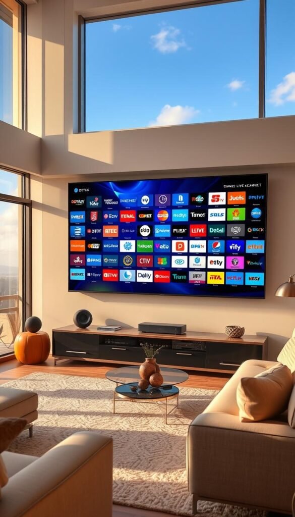 A modern living room with a large flatscreen TV prominently displayed, showcasing a diverse array of live television channels from the Hoxtoon Provider service. The room is bathed in warm, natural lighting, with large windows overlooking a scenic outdoor landscape. On the TV screen, a dynamic and vibrant display of various channel logos, ranging from news, sports, movies, and entertainment, creating an immersive visual experience. The overall atmosphere exudes a sense of comfort, entertainment, and technological sophistication, reflecting the unparalleled content library of 21,000+ live channels offered by the Hoxtoon Provider.