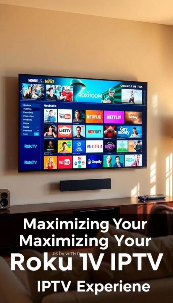 A modern living room with a sleek Roku TV mounted on the wall, displaying a vibrant and diverse array of IPTV channels from the Hoxtoon Provider. The screen shows a variety of content, from live news and sports to popular movies and TV shows. The room is bathed in warm, natural lighting, creating a cozy and inviting atmosphere. In the foreground, a comfortable sofa and coffee table set the stage for an immersive and enjoyable Roku TV IPTV experience. The overall scene conveys a sense of technological sophistication and entertainment, perfectly capturing the "Maximizing Your Roku TV IPTV Experience" theme.