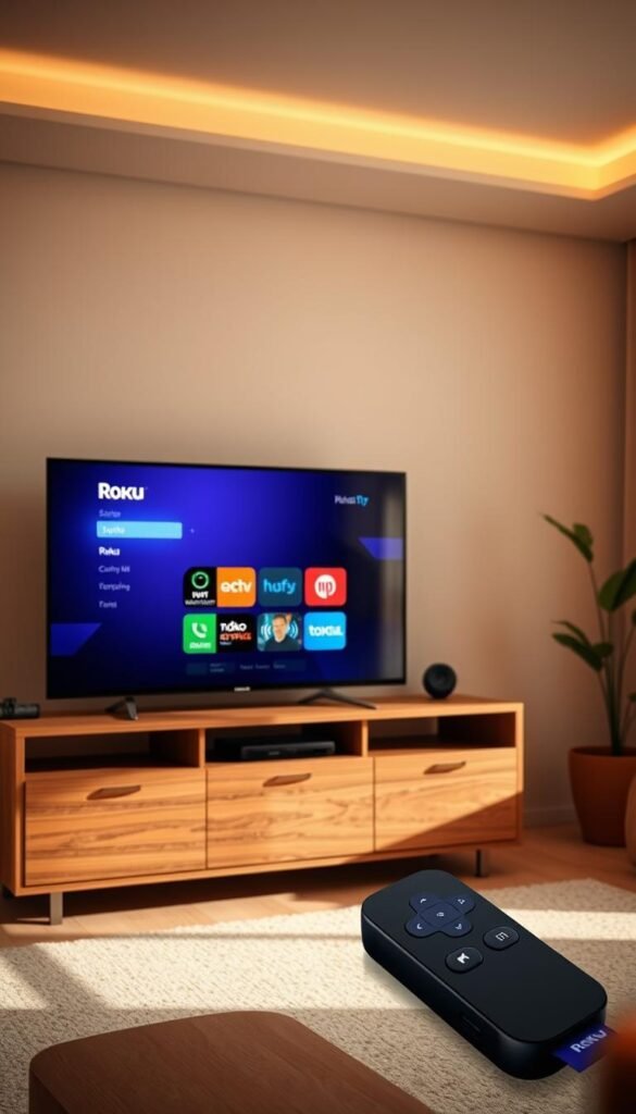 A modern living room with a sleek Roku TV on a wooden entertainment center. The Roku interface is prominently displayed, showcasing the Hoxtoon Provider IPTV service. Soft, warm lighting illuminates the scene, creating a cozy and inviting atmosphere. The room is decorated with minimalist decor, allowing the technology to take center stage. The Roku remote is visible, emphasizing the ease of accessing the IPTV service. The overall composition highlights the seamless integration of IPTV technology into the home entertainment setup.