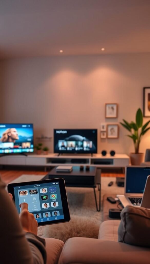 A modern living room with a sleek entertainment center, displaying multiple streaming devices connected to a large smart TV. The room is bathed in warm, diffused lighting, creating a cozy and inviting atmosphere. In the foreground, a user seamlessly navigates the intuitive Hoxtoon Provider interface on a tablet, while a smartphone and a laptop are also visible, showcasing the multi-device streaming capabilities. The middle ground features various remote controls and a cable box, hinting at the integration of traditional and modern media consumption. The background includes plants, artworks, and minimalist decor, establishing a stylish and contemporary setting.